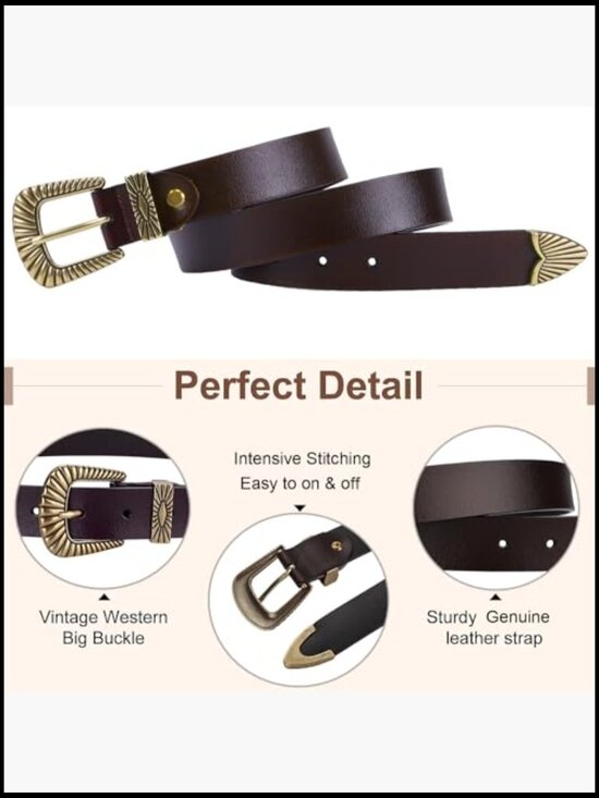 Leather Belt with Gold Buckle Western Style Adjustable Holes main image 4